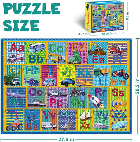 Floor Puzzle for Kids,48 Piece Transportation Letter A-Z Alphabet Puzzle,Vivid of Cartoon Design Letter Games for Preschoolers,Learn ABCs with Fun- Interactive Educational Toy for Ages 3+