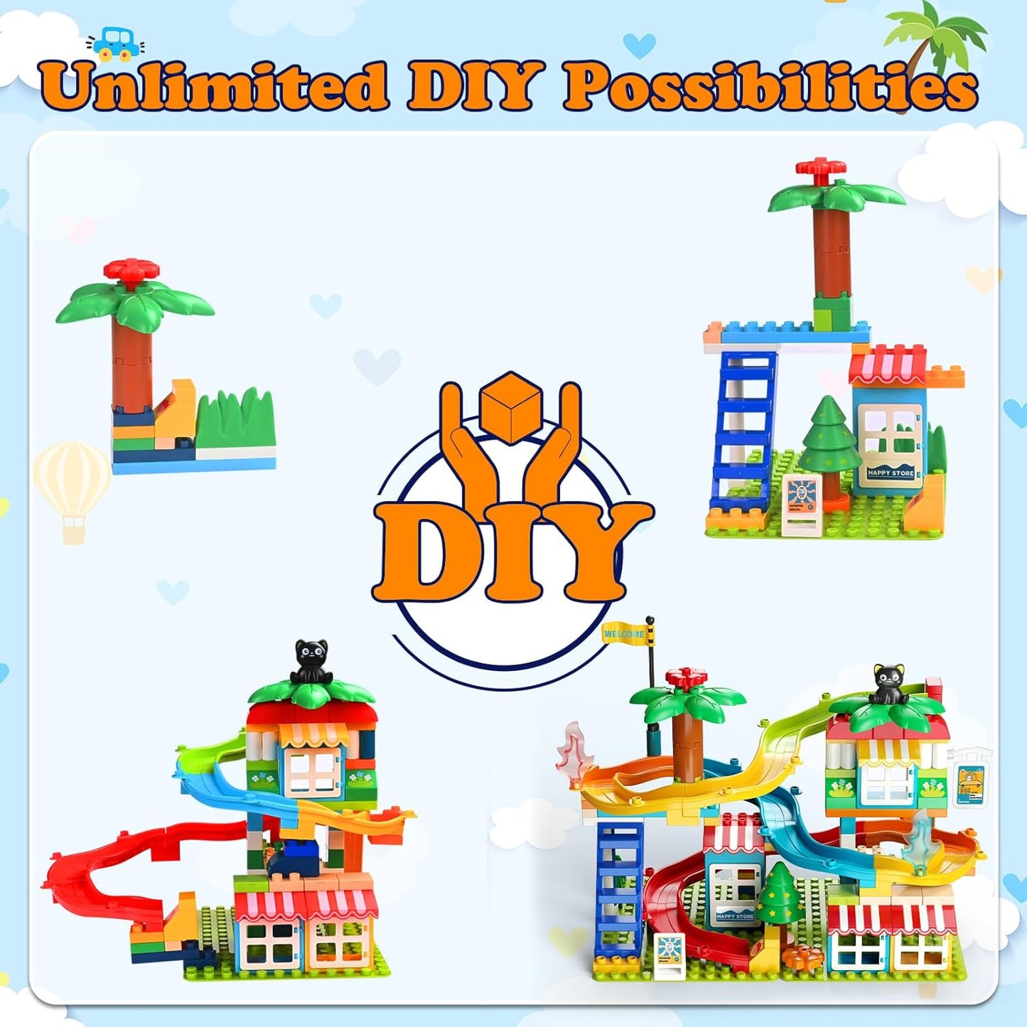 Marble Run Building Blocks,Classic Large Blocks Maze Track Sets with 4 Cars,STEM Toy Bricks Maze Puzzle Set Race Track Compatible with Major Brands for Age 3 4 5 6 7 8+ Boys Girls Gift