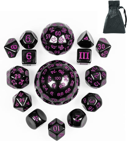 15 Pieces Complete Polyhedral DND Dice Set D3-D100 Spherical D&D Dice Set with Dragon Eye Dice Bag, D100 Dice for RPG Table Games(Black w/Purple Numbers)