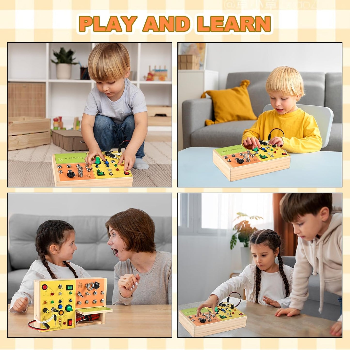 Busy Board with LED Light, Screws and Key, 3-in-1 Montessori Screwdriver Board, Wooden Switch Board, Montessori Toys for Toddler 3 4 5 Year Old, Fine Motor Skill Toys Birthday for Kids
