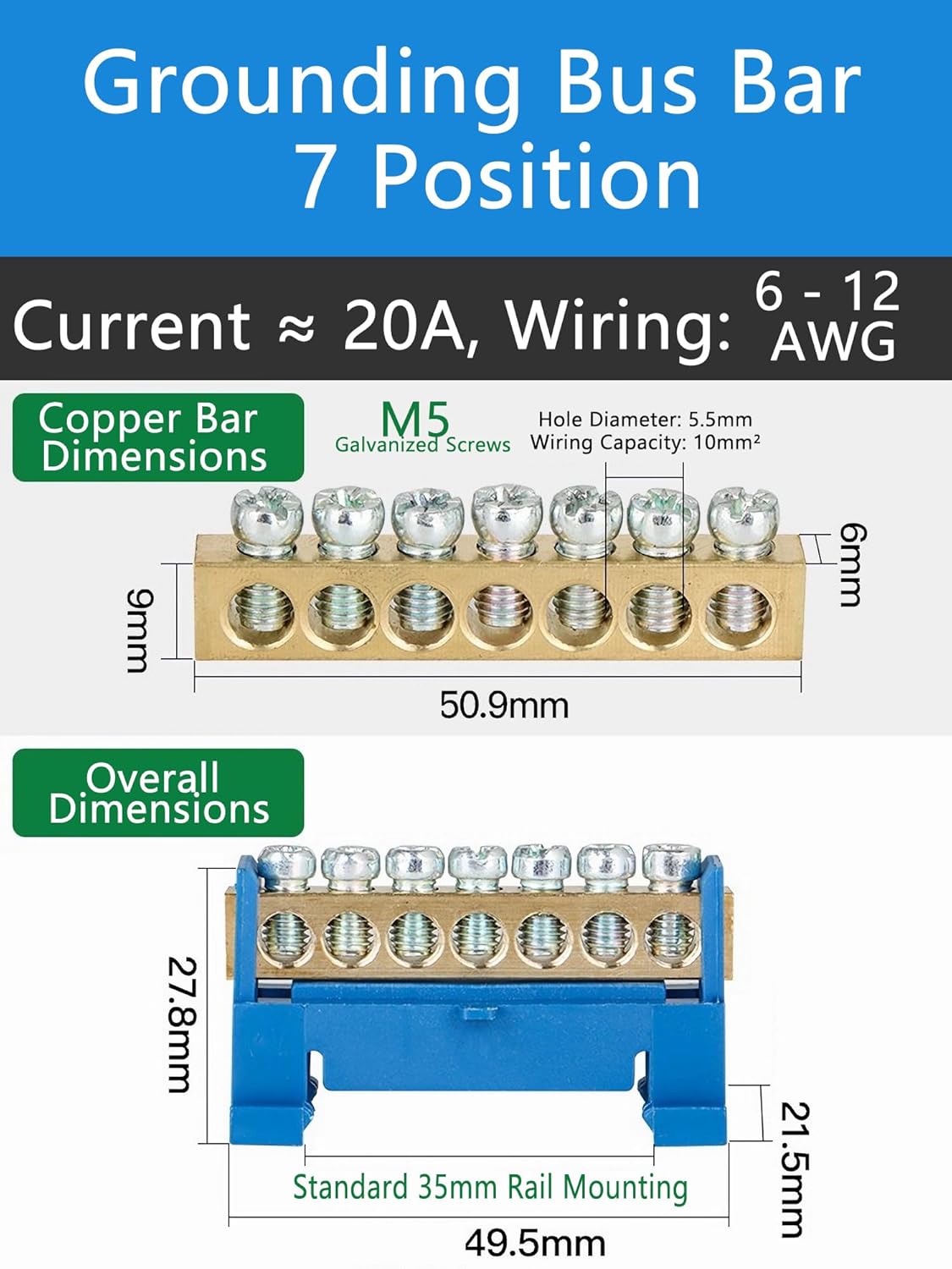 10 Positions Terminal Bus Bar Block 6 Pack Brass Wire Screw for Car Boat Marine Ground Power Distribution Grounding Electrical Bars Strip Block for 12V-110V, Blue