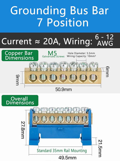 10 Positions Terminal Bus Bar Block 6 Pack Brass Wire Screw for Car Boat Marine Ground Power Distribution Grounding Electrical Bars Strip Block for 12V-110V, Blue