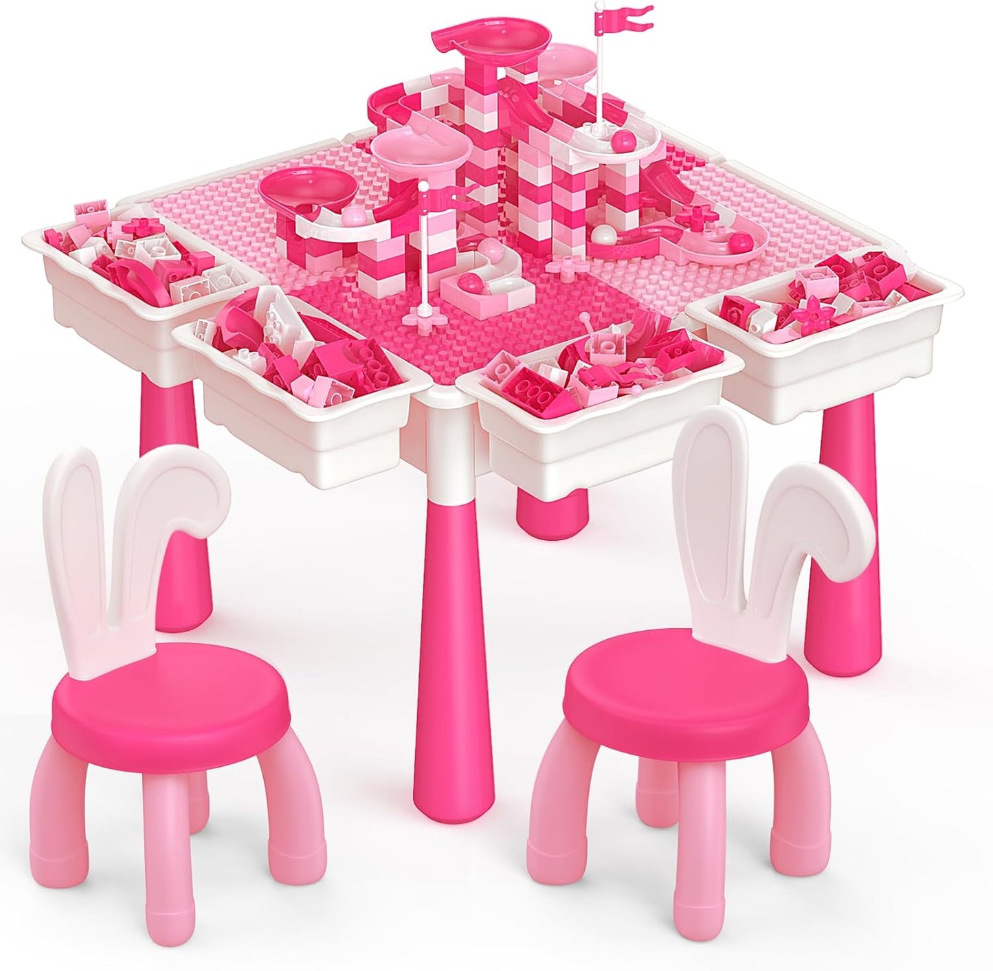 arscniek Toddlers Activity Table 7 in 1 Kids Activity Tables and 4 Chairs with 152Pcs Large Marble Run Building Blocks, Sand/Water Tables, Kids Learning Play Table Toys for Girls Boys Toddler Age 3-7
