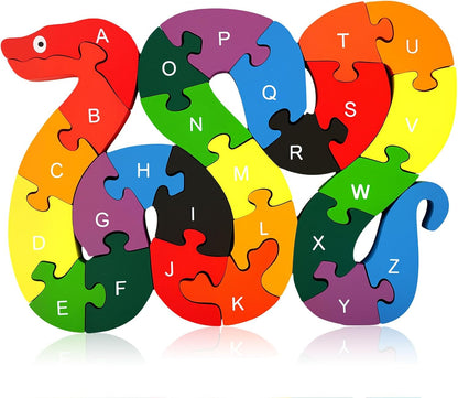 LovesTown Wooden Puzzles for Kids, Double Sided Giraffe Jigsaw with Alphabet & Numbers, Montessori Educational Toy for Toddlers, Chunky Animal Gift
