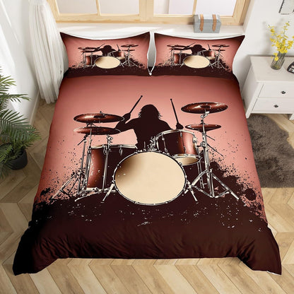 Drum Kit Comforter Cover Abstract Musical Instruments Bedding Set for Kids Boys Teens,Pop Music Duvet Cover Modern Rock Quilt Cover, Teal Laser Light Bedroom Decor Twin Size Blue Green Black