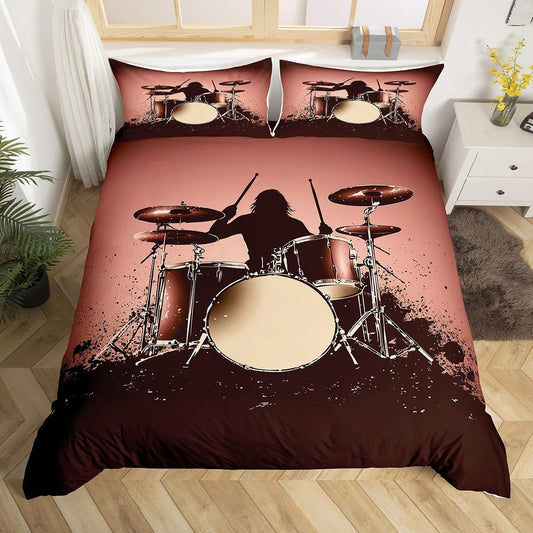 Drum Kit Comforter Cover Abstract Musical Instruments Bedding Set for Kids Boys Teens,Pop Music Duvet Cover Modern Rock Quilt Cover, Teal Laser Light Bedroom Decor Twin Size Blue Green Black