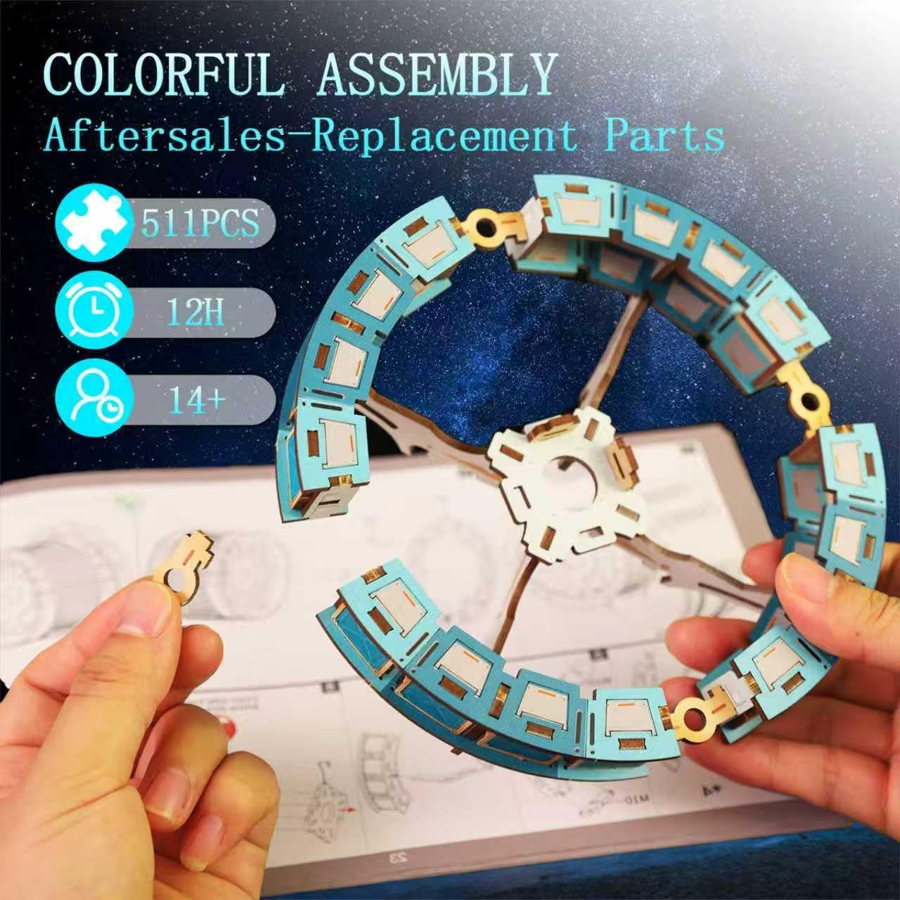 3D Wooden Puzzles for Adults - Space Station Mechanical Model Kit with Lights & Music, 511PCS Adult Wooden Puzzles, DIY Building Toy for Teen & Adults, Miniature House Kit for Birthday Father's Day