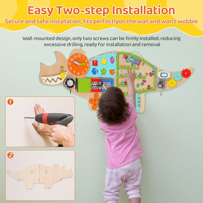 FIIOEOY Dinosaur Activity Wall Busy Board Panels, 11-in-1 Montessori Sensory Wall Panel for Kids, Toddler Learning Activity Center, Perfect for Playroom Daycare Nursery Classroom