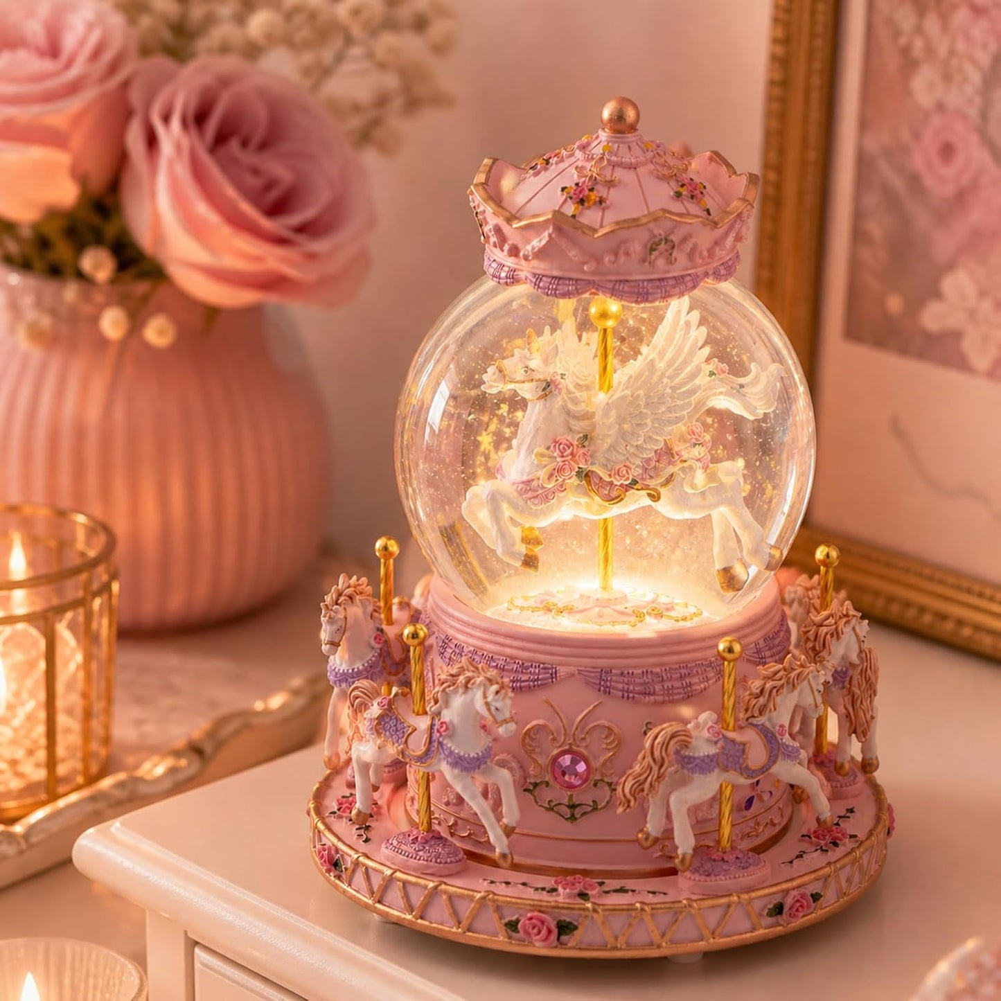 Magical Unicorn Snow Globe with “Somewhere Over the Rainbow” Music, Rotating Carousel Music Box, LED Lights & Glitter Snow, Perfect Birthday, Xmas, Valentine’s Gift, for Girls, Kids & Unicorn Lovers