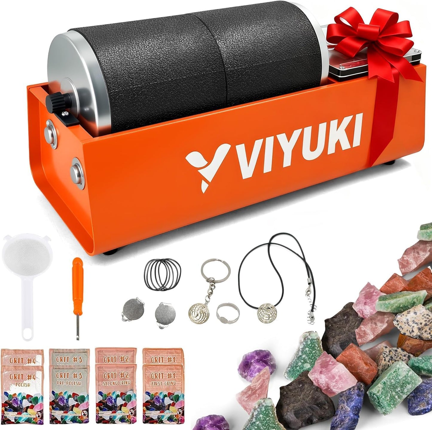 Professional Rock Tumbler Kit - Double Drum 6LB Rock Polisher(Double Barrel), Includes Rough Gemstones, 8 Polishing Grits, Jewelry, Learning Guide, Ideal Gift for Adults & Collectors