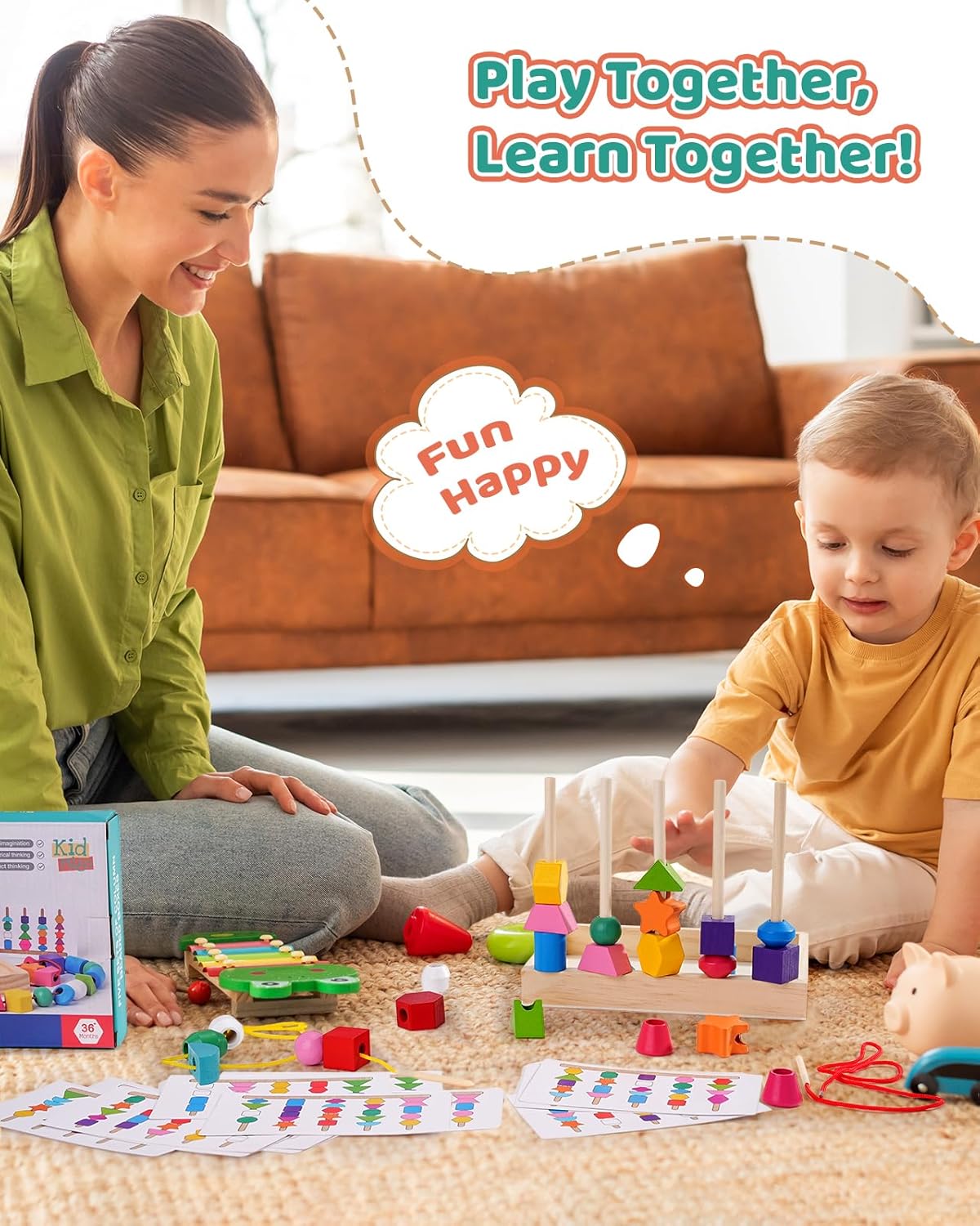 Montessori Toys for 3 Year Old, Stacking Toys for Toddlers, Stacking Blocks, Lacing Beads, Matching Shape Preschool Toys, Montessori Toys for 3 4 5 Year Olds with Canvas Storage Bag