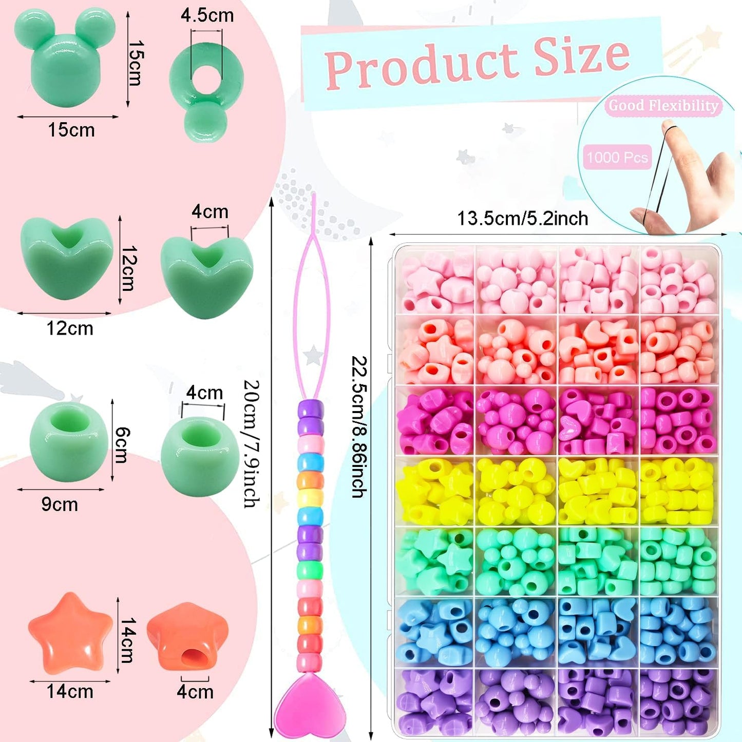JJzxwish 1605 Pcs Hair Beads for Braids with Elastic Rubber Band Threaders Kit, Candy Color Acrylic Mickey Heart Star Alphabet Beads Pastel Pony Bead Kandi Bead for Bracelet Jewelry Making DIY Craft