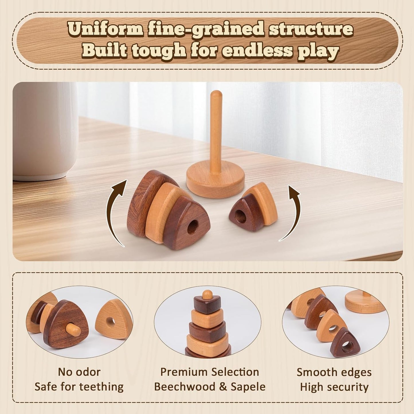 Adena Montessori Ring Wooden Stacking Toy,Montessori Geometric Stacker Wooden Educational Toy,Baby and Toddler Ages 12+ Months Shape Sorter and Stacking Toy, Stacking Tower Toy for Babies(Circle)