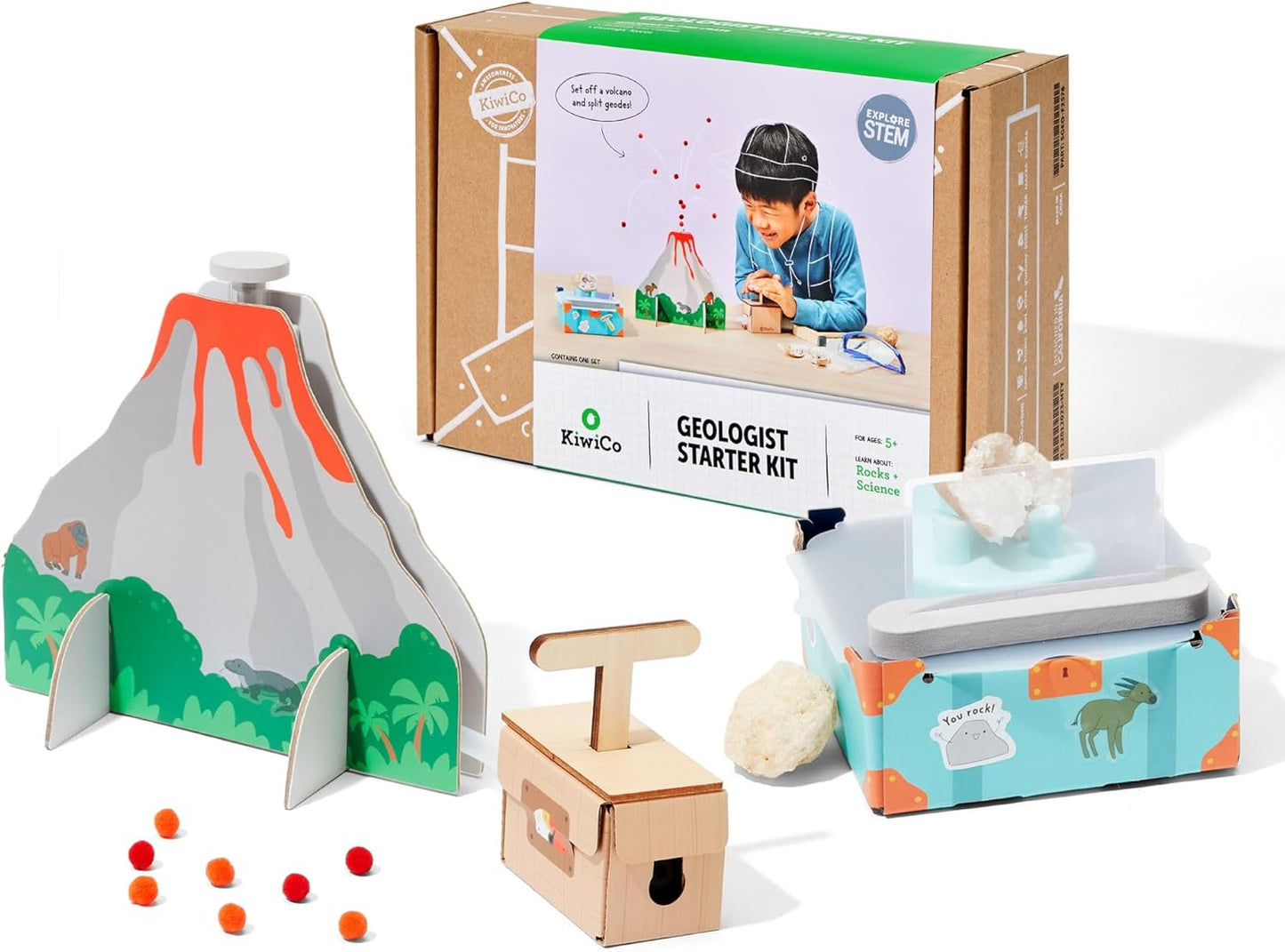 KiwiCo Volcano Science Kit for Kids Ages 5–8 – STEM Educational Toy & Science Gift with Rock & Mineral Exploration, Real Geodes, Magnifying Lens, Display Case & Eruption Experiment