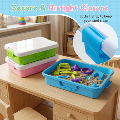 3 PCS Sand Container Compatible with Kinetic, Sand Tray with Lid, Stackable Sandbox Container, Plastic Storage Bins with Handle, Secure Closure, Ideal for Travel and Home Use (Blue, Green, Pink)