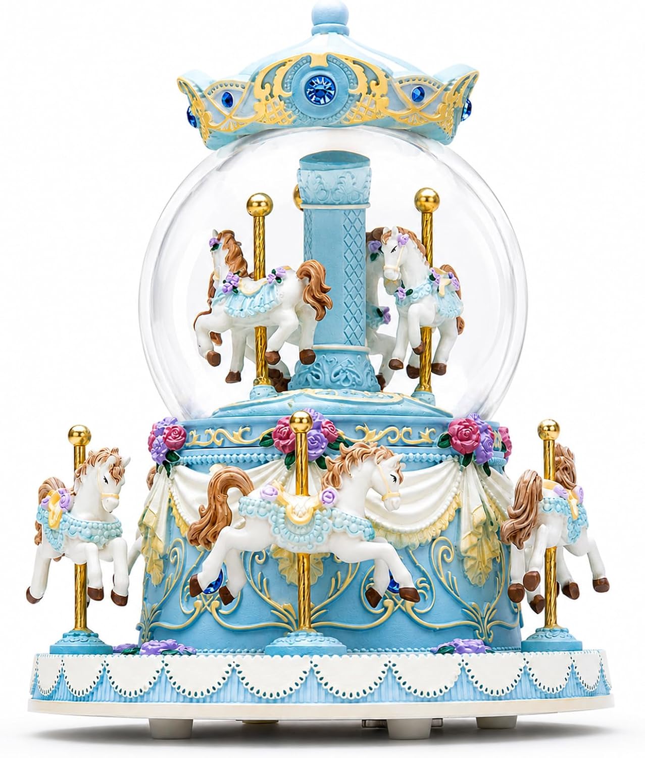 Blue Carousel Snow Globe Music Box with LED Lights, Rotating Horse Merry Go Round with Glitter Snowfall, Wind Up Musical Snow Globe Plays Over the Rainbow, Gift for Daughter Granddaughter Women
