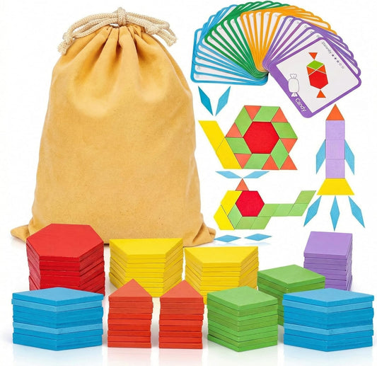 209 PCS Shapes Wooden Pattern Blocks for Kids, Geometric with Activity Cards and Storage Bag, Educational Tangram Puzzles,Great Learning Gift from Parents or Teachers