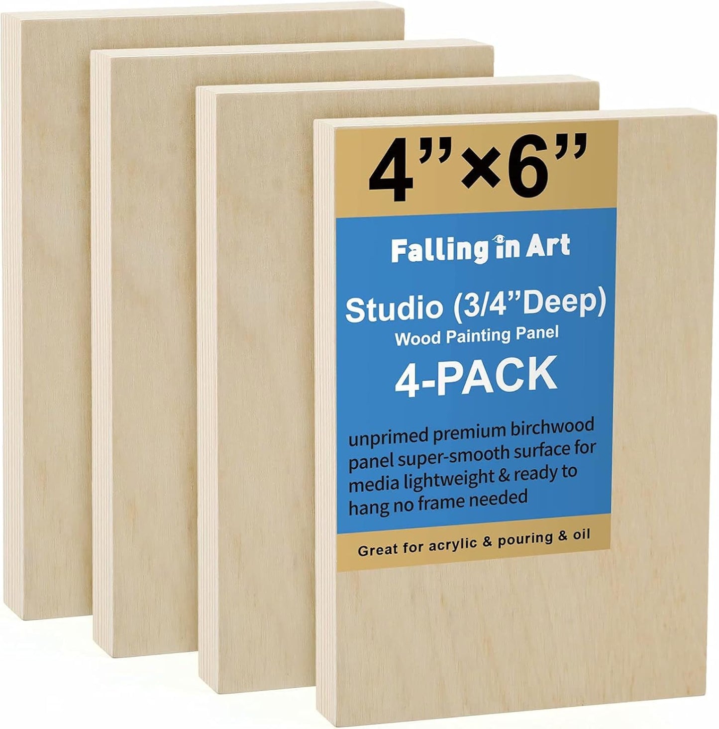 Falling in Art Unfinished Birch Wood Canvas Panels Kit, 4 Pack of 8x10’’ Studio 3/4’’ Deep Cradle Boards for Pouring Art, Crafts, Painting, and More