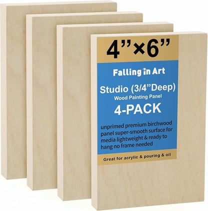 Falling in Art Unfinished Birch Wood Canvas Panels Kit, 4 Pack of 8x10’’ Studio 3/4’’ Deep Cradle Boards for Pouring Art, Crafts, Painting, and More