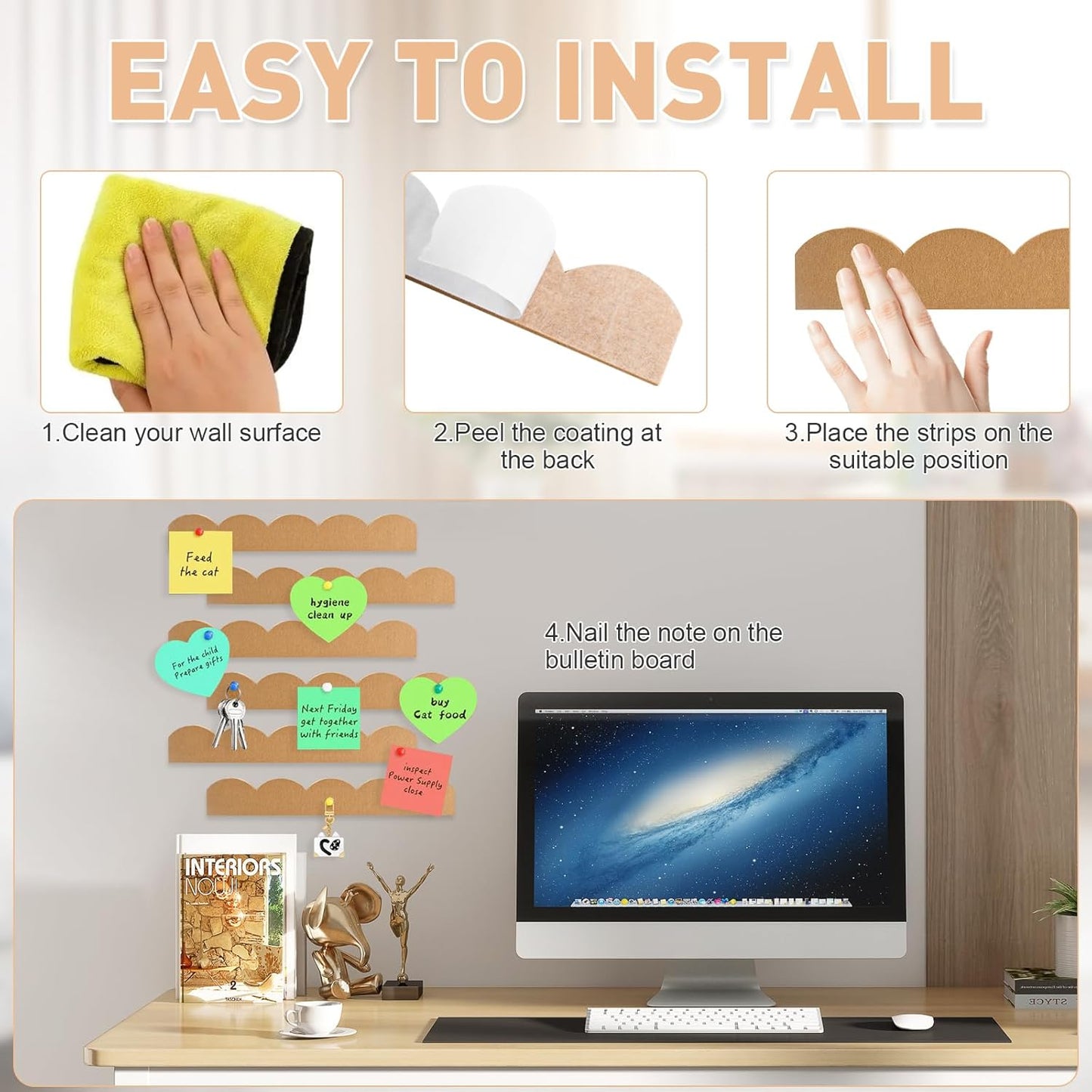 6 Pack Felt Pin Board Bar Strips,Scalloped Bulletin Board for Office Classroom Wall Decoration,Self Adhesive Cork Board Strips with 30 Push Pins for Hanging Photos,Notes,Schedules