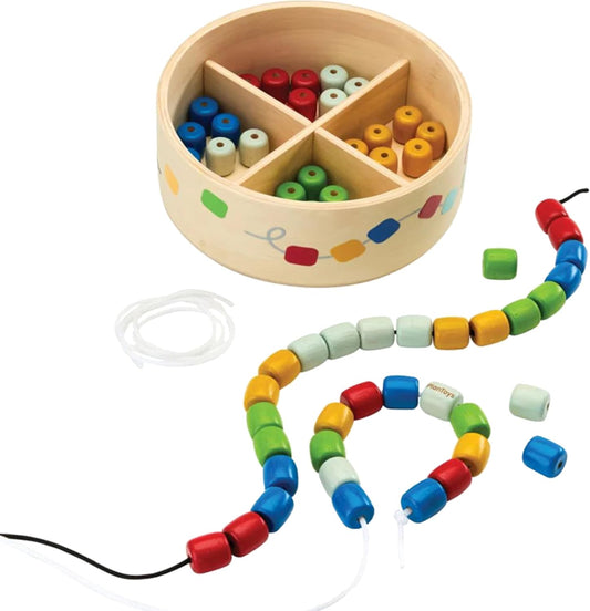 PlanToys® Threading Beads | Montessori Wooden Bead Stringing Toy for Toddlers 6M+ | Develops Fine Motor Skills, Hand-Eye Coordination & Sequencing | 60 Beads with 3 Strings & Storage Box