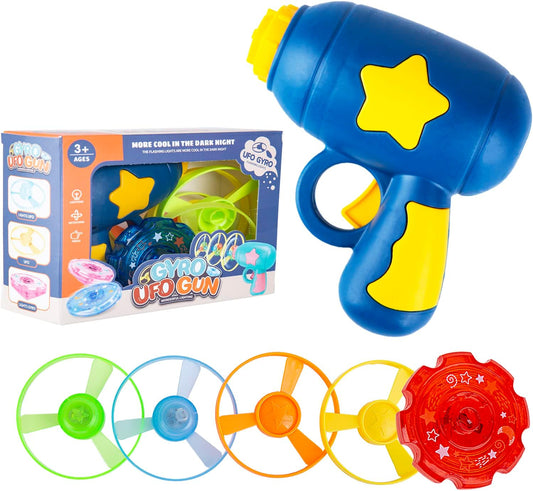 Berry President Flying Saucer Toy, Flying Disc Launch Playset with Rotating Flash Light, Indoor Outdoor Twist Shoot Toy for Kids Aged 3 Years Old & Up (Yellow)