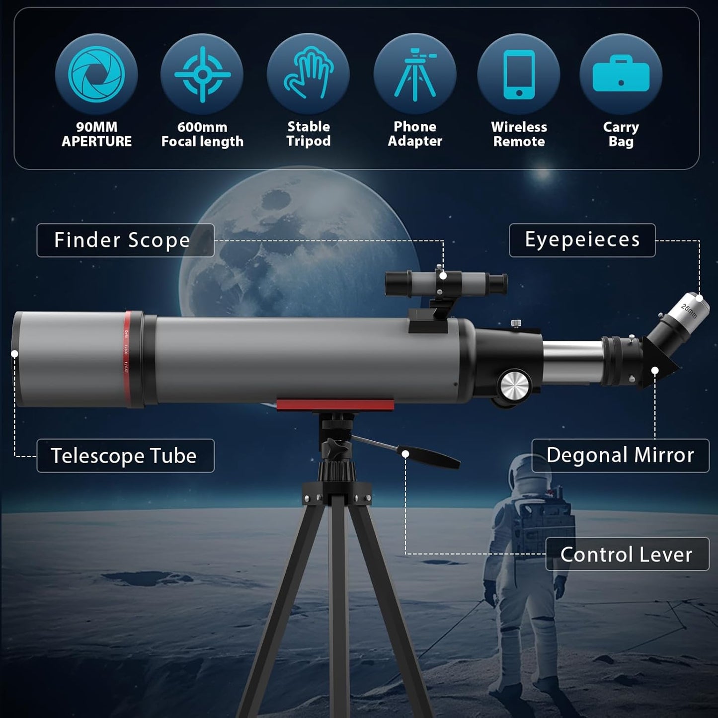 Telescope for Adults High Powered - 90mm Aperture 600mm Refractor Telescope for Kids & Beginners - Portable Astronomy Telescopes Profesional with Phone Adapter Tripod Carry Bag Gifts for Men