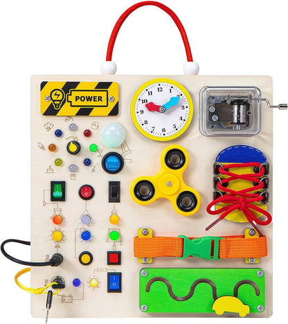 Montessori Wooden Busy Board Toys for 1 2 3 Boys Girls,Toddler Sensory Educational Fidget Board Travel Toy with LED Light Up Switches & Music Boxes, Locks for Kids Gifts