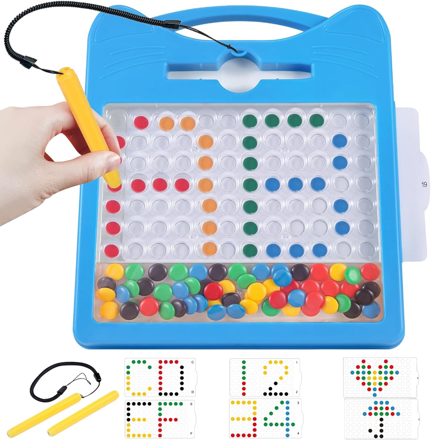 Magnetic Drawing Board for Kids, Toddler Magnet Doodle Board with Beads and 2 Pens, Magnetic Dot Art Toys, Airplane Car Travel Activities (Blue Cat)