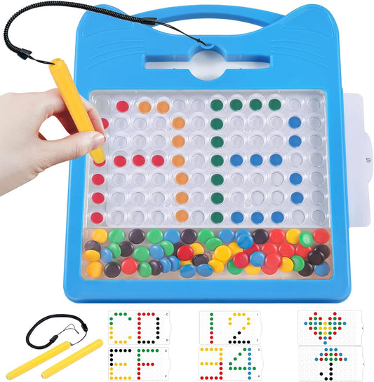 Magnetic Drawing Board for Kids, Toddler Magnet Doodle Board with Beads and 2 Pens, Magnetic Dot Art Toys, Airplane Car Travel Activities (Blue Cat)