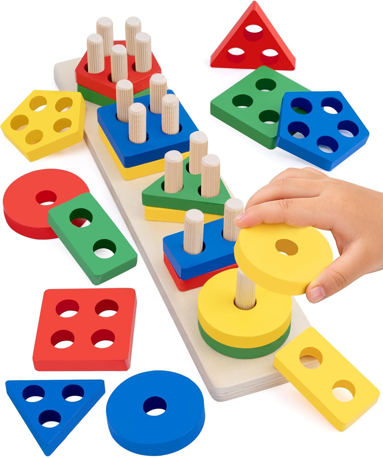 Montessori Wooden Threading Beads Set for Toddlers 3 4 5, Bead Sequencing & Stacking Toy with Pattern Cards, Lacing Beads, Shape Matching Stacker, Fine Motor STEM Learning Gift