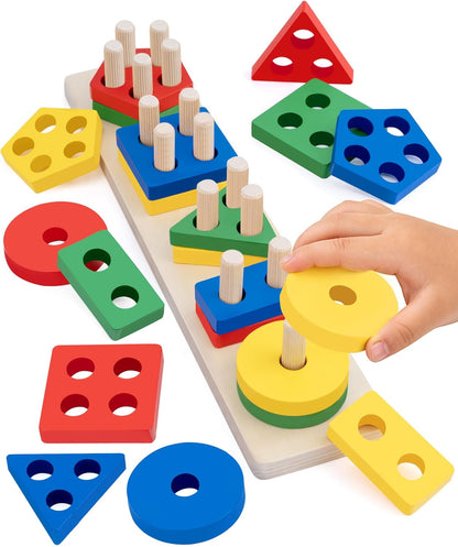 Montessori Wooden Threading Beads Set for Toddlers 3 4 5, Bead Sequencing & Stacking Toy with Pattern Cards, Lacing Beads, Shape Matching Stacker, Fine Motor STEM Learning Gift