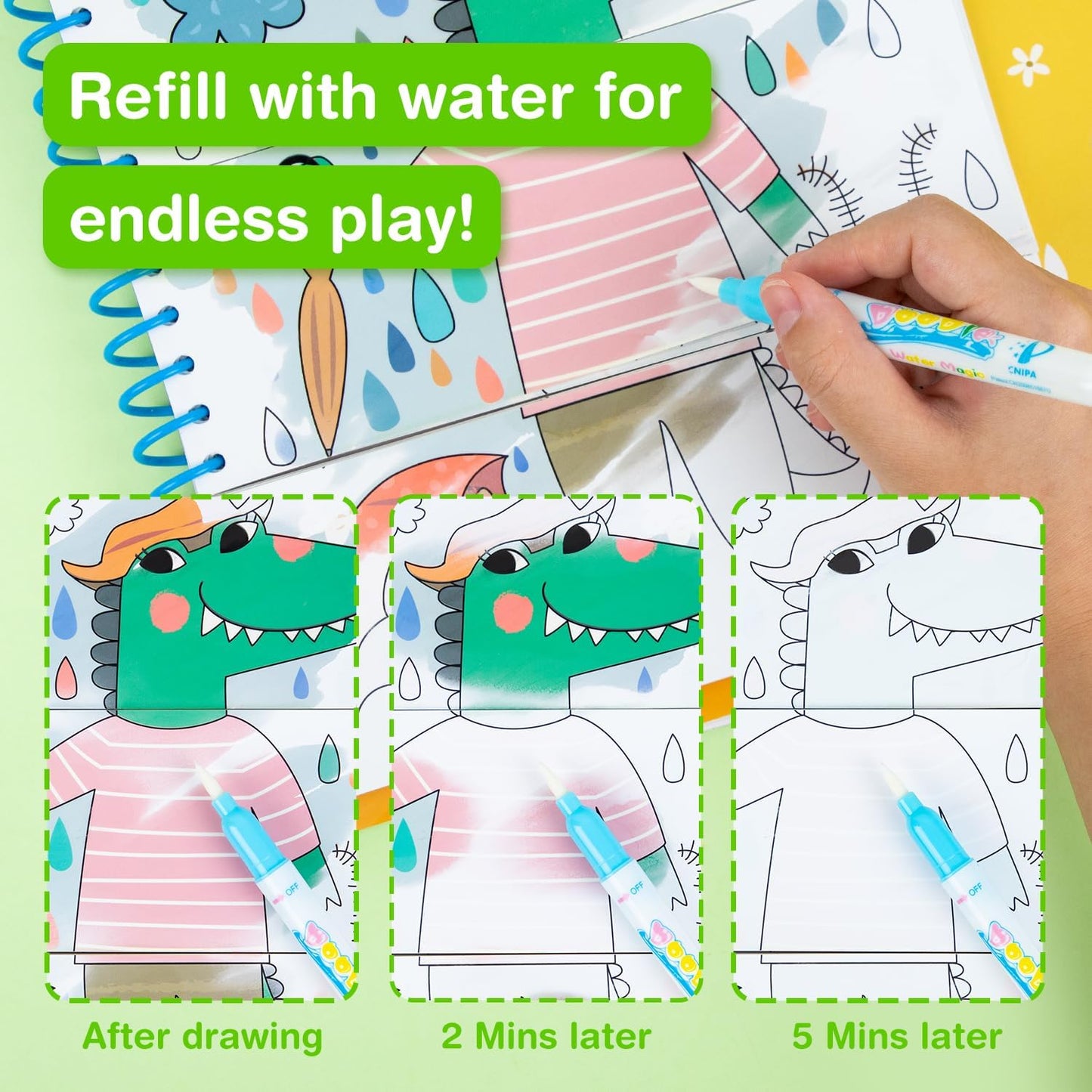 Avenir Reusable Water Coloring Book for Toddlers 3-5 – Mess-Free Paint-with-Water Travel Toy Airplane Activities Road Trip Quiet Book, Water-Reveal Activity Pad, 3-in-1 Creative Set