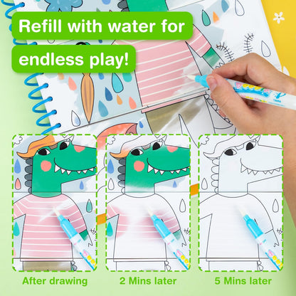 Avenir Reusable Water Coloring Book for Toddlers 3-5 – Mess-Free Paint-with-Water Travel Toy Airplane Activities Road Trip Quiet Book, Water-Reveal Activity Pad, 3-in-1 Creative Set