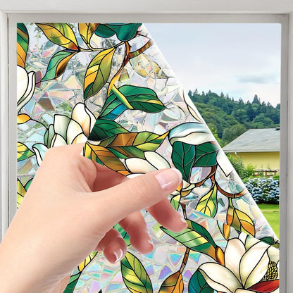 Flower Stained Glass Window Film Decorative Static Cling Stickers Sun Blocking Privacy Decals for Home Car White Lily