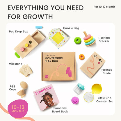 Tiny Land Montessori Toy Set for Babies 7-9 Months Senser Play Kit - 5-in-1 Wooden Learning Toys with Object Permanence Box, Sensory Ball, Stacking Cups and Mirror Puzzle,Body Board Book