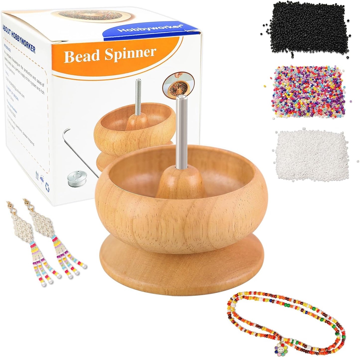 hobbyworker Upgrade Wooden Bead Spinner with 2 Pcs Big Needles,8000 Pcs Seed Beads and 1 Surprise Gift Pack for Jewelry Making Tools,Quickly Stringing Beads Tool, Manual Operated