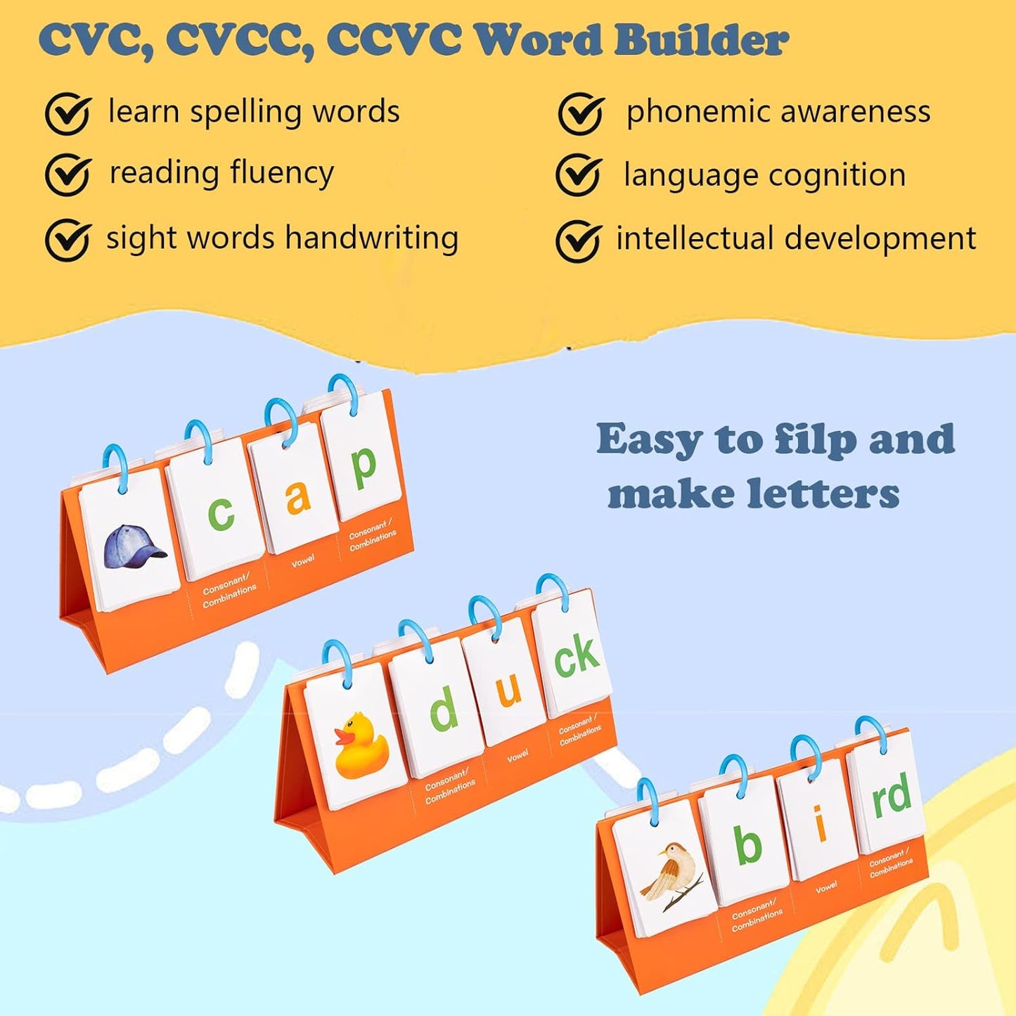 Alened Phonics Flash Cards for Kids 3-8, Sight Words Flash Cards for Kindergarten 1st 2nd 3rd Grade, CVC CVCC CCVC Word Builder, Homeschool & Classroom Phonics Learning Supplies