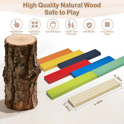Hayder Classic Wooden Building Blocks Set, 100PCS Solid Wood Blocks in 9 Colors Stacking Educational Toy Set for Kids