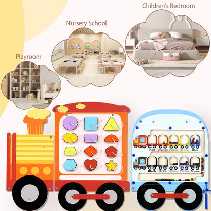 Joyreal Train Activity Wall Busy Board Panels - 8-in-1 Toddler Learning Activity Center - Wooden Montessori Sensory Toys for Playroom, Daycare, Classroom - Educational Toy for All-Round Development