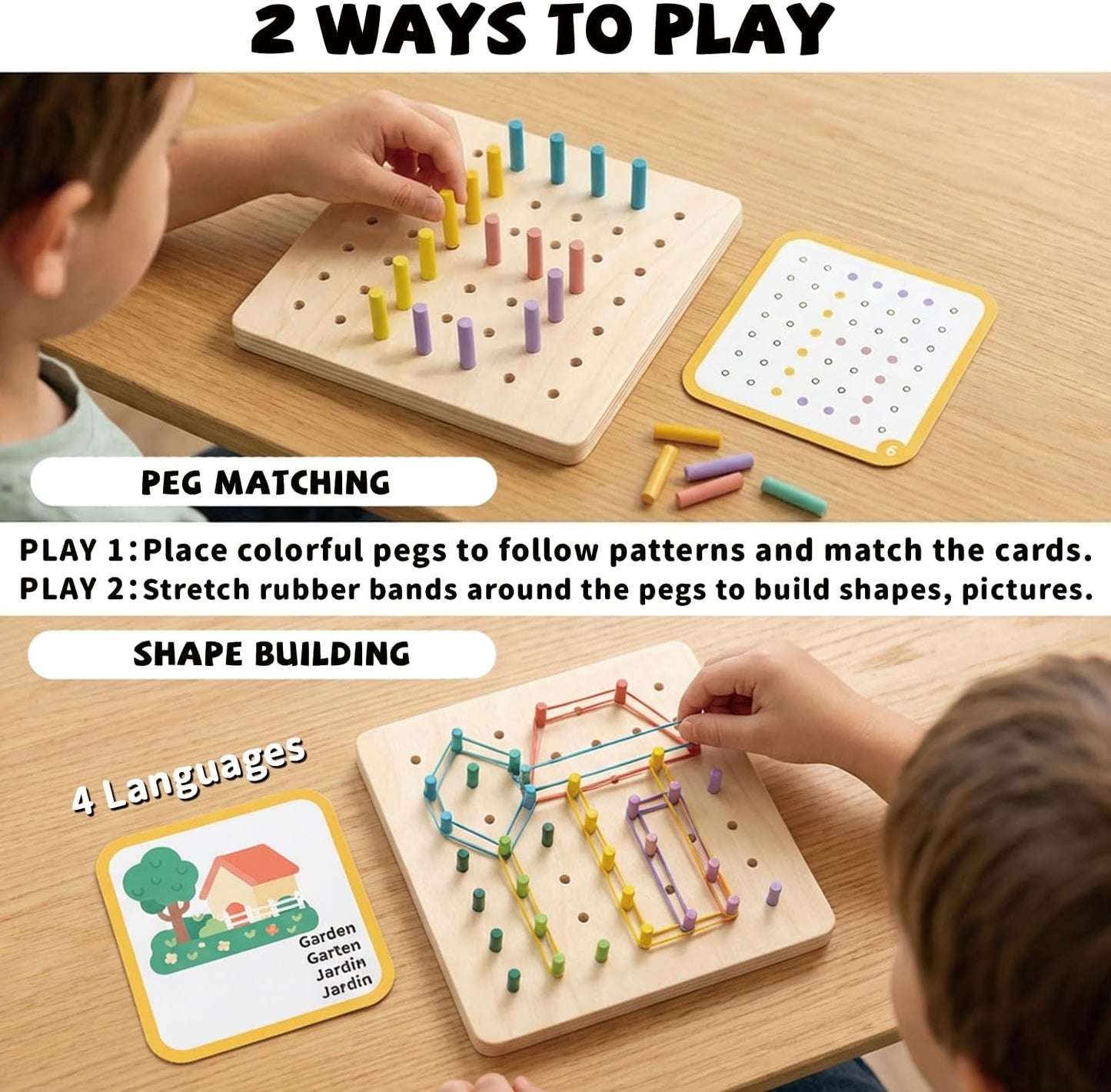 2-in-1 Wooden Peg Board & Geoboard for Kids Ages 5+, Montessori Fine Motor Skills Toy with 49 Wooden Pegs, 60 Activity Cards, Rubber Bands & Storage Box, Shape Building and Pattern Matching Game
