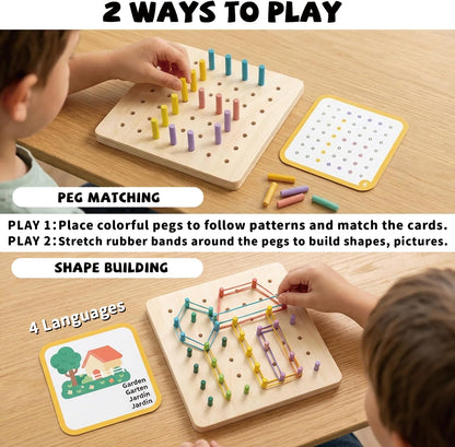 2-in-1 Wooden Peg Board & Geoboard for Kids Ages 5+, Montessori Fine Motor Skills Toy with 49 Wooden Pegs, 60 Activity Cards, Rubber Bands & Storage Box, Shape Building and Pattern Matching Game