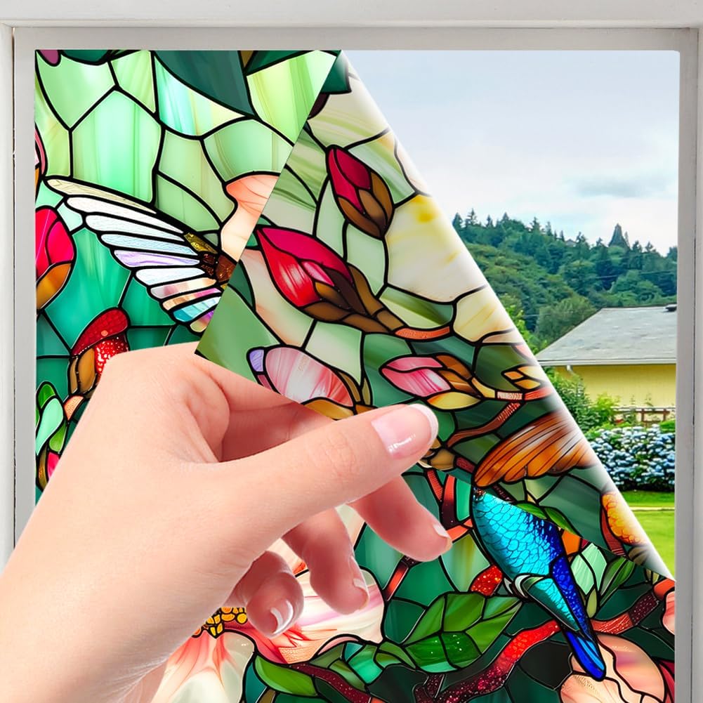 JOONOR Privacy Window Film Stained Glass Window Sticker Non-Adhesive Frosted Glass Film Decorative Magnolia Flower Pattern Static Cling Decals for Home UV Blocking/Heat Insulation 17.7 x 39.4 Inch