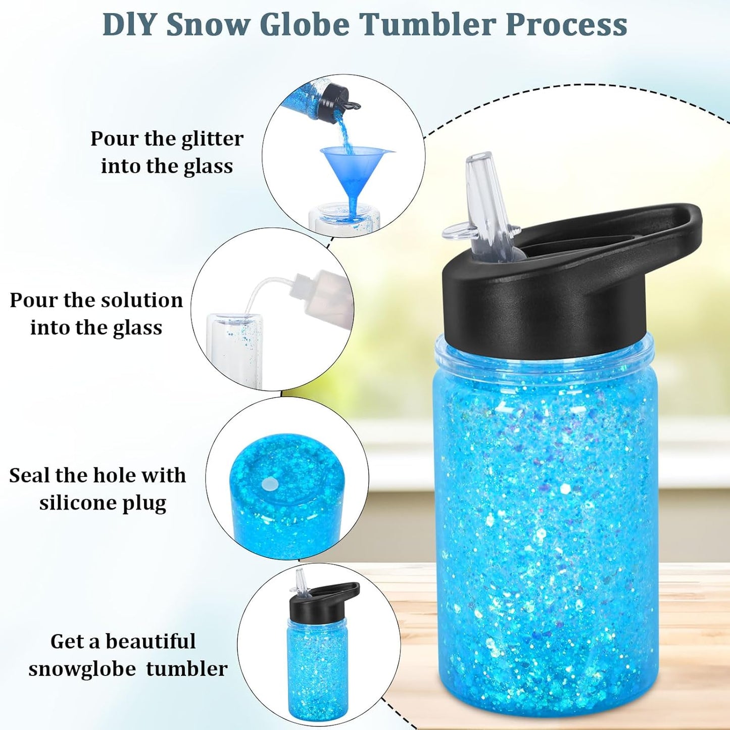 4 Pack 10 Oz Plastic Double Wall Snow Globe Tumbler, Snowglobe Tumbler with Pre Drilled Hole and Plug, Snow Globe Cups Kid Water Bottle DIY Gift for Scool, Sport