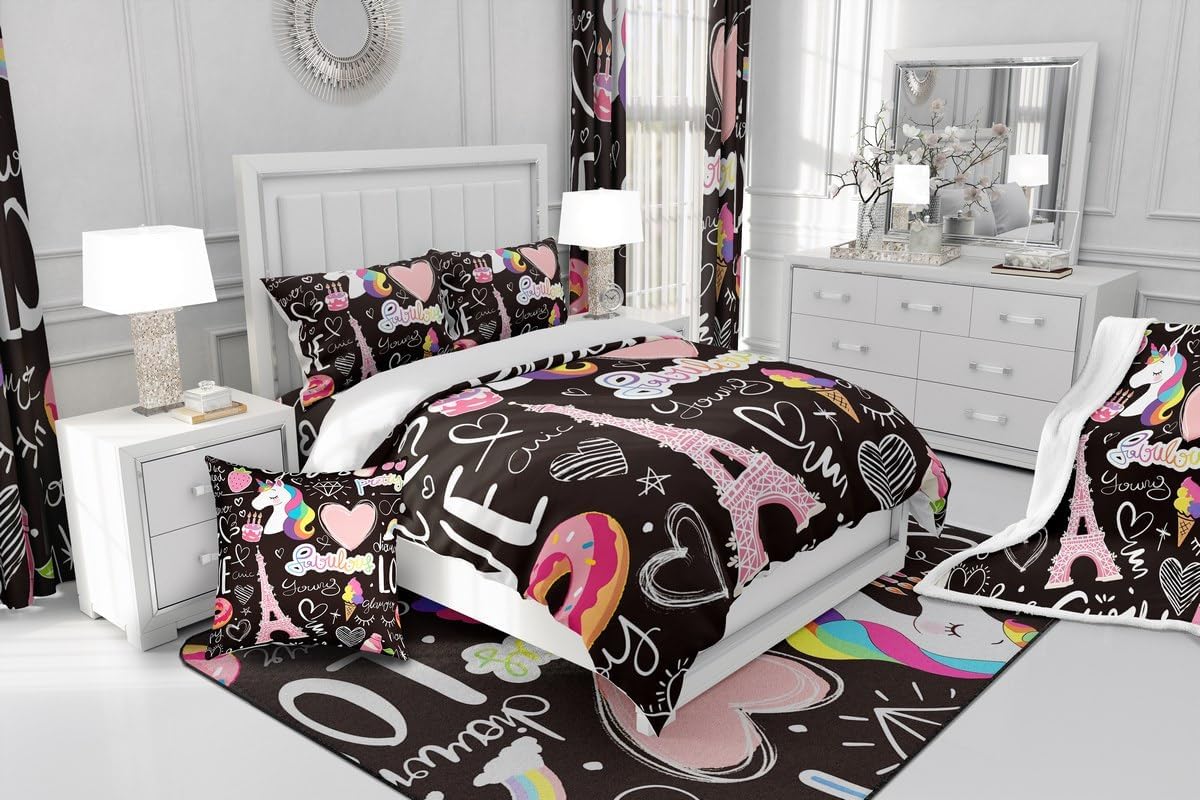 Manfei Musical Kids Fitted Sheet Full Size, MusicalGuitar Radio Drum Kit Headset Print Bedding Set 3pcs for Boys Girls, Rock Music Bed Cover with 2 Pillowcases, Soft Polyester Bedding, No Top Sheet