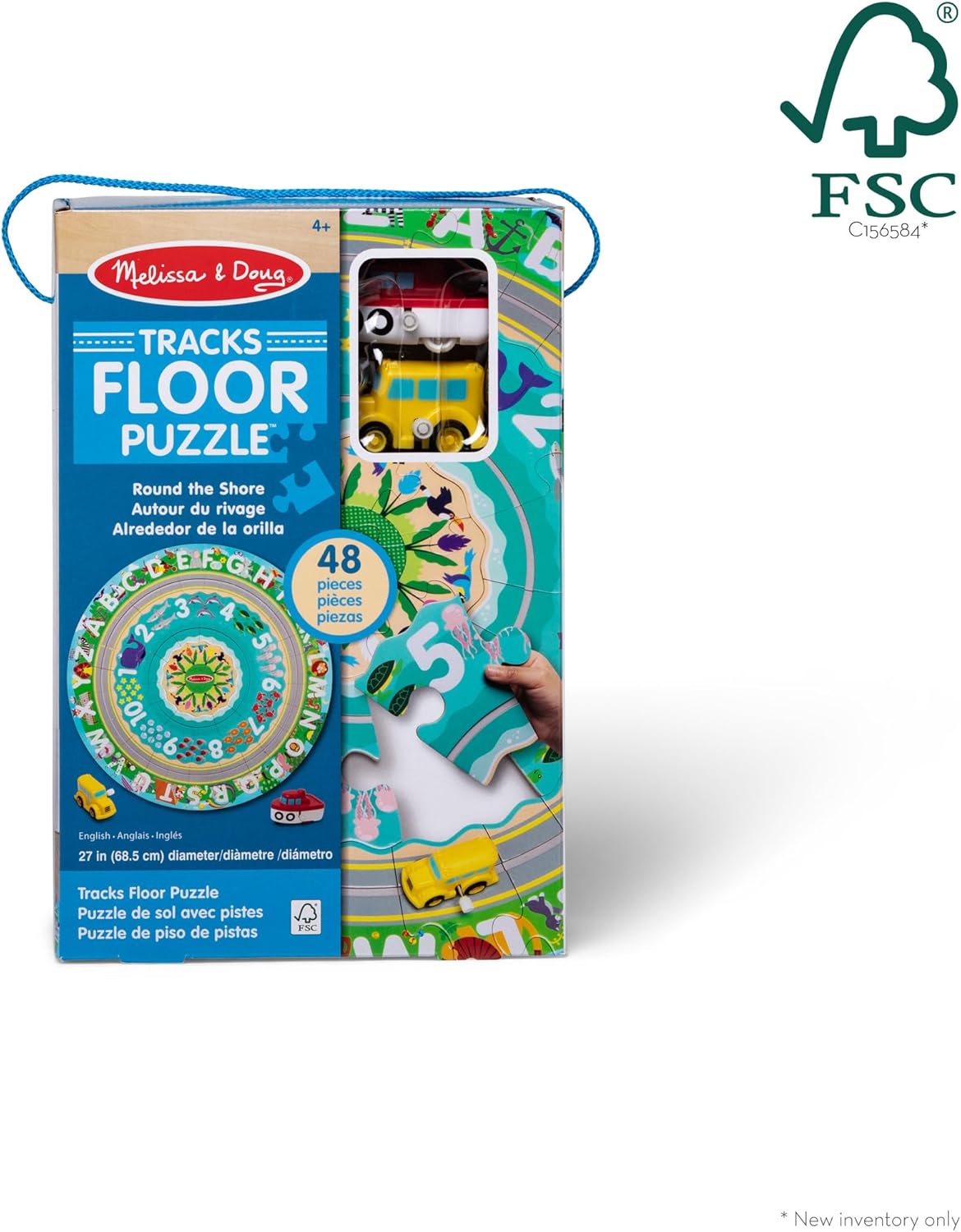 Melissa & Doug Round the Shore Tracks Cardboard Jigsaw Floor Puzzle and Wind-Up Vehicles – 48 Pieces, for Boys and Girls 4+ - FSC-Certified