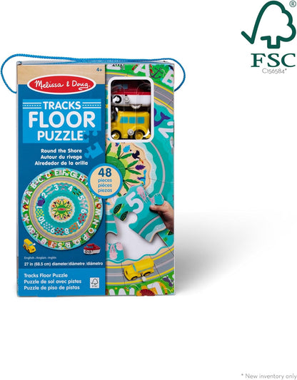 Melissa & Doug Round the Shore Tracks Cardboard Jigsaw Floor Puzzle and Wind-Up Vehicles – 48 Pieces, for Boys and Girls 4+ - FSC-Certified