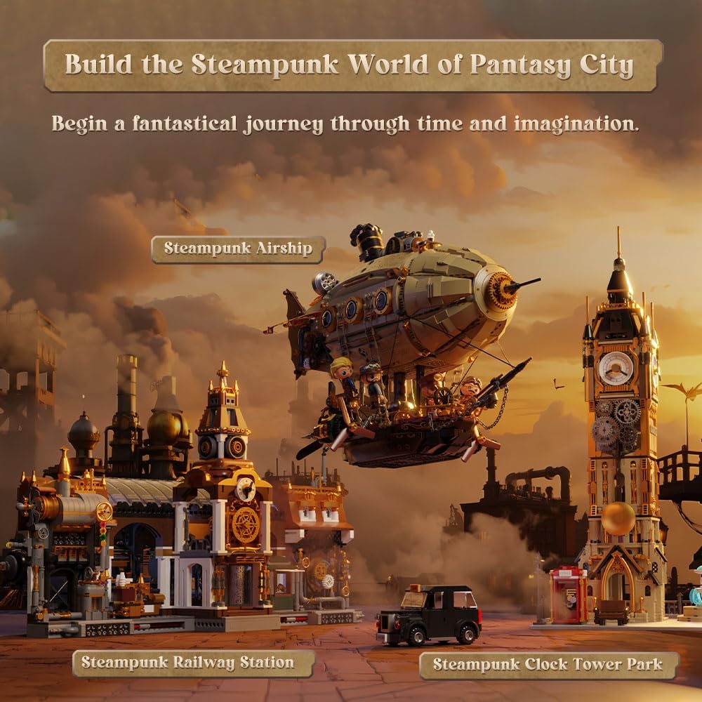 PANTASY Steampunk Airship Model Kit for Adults, Dual-Layer Zeppelin with Gear-Driven Mechanical System, DIY Building Blocks Set, Retro Sci-Fi Construction Toy for Collectors & Display
