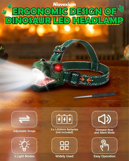 LED Dinosaur Headlamp for Kids, Children's Toy Flashlight T-Rex Dinosaur Toys for Age 3 4 5 6 7 8 9 Years Old Kids, Camping Hiking Gear for Boys Girls