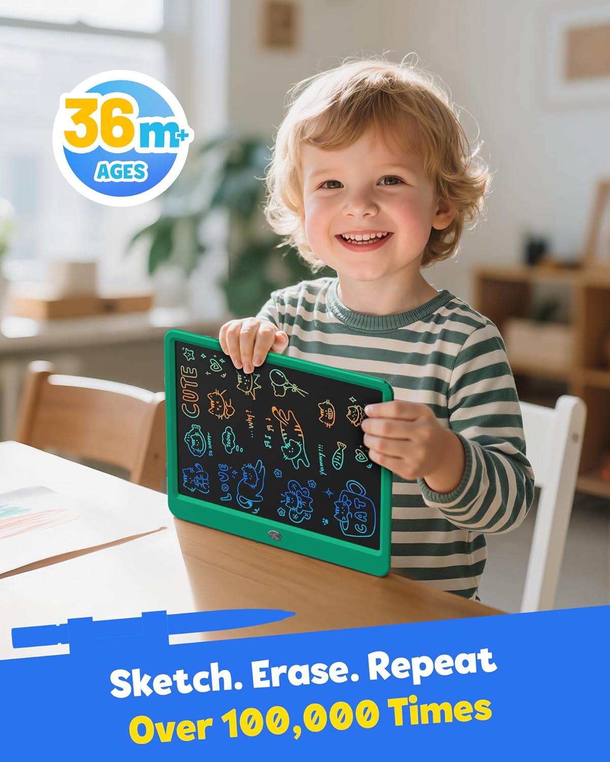 TEKFUN LCD Writing Tablet for Kids, 10-inch Coloring Drawing Pad, Mess Free Doodle Board, Airplane Travel Toys for Boys and Toddlers, Road Trip Essentials, Gifts for 3 4 5 6 7 8 Year Old Girls(Blue)